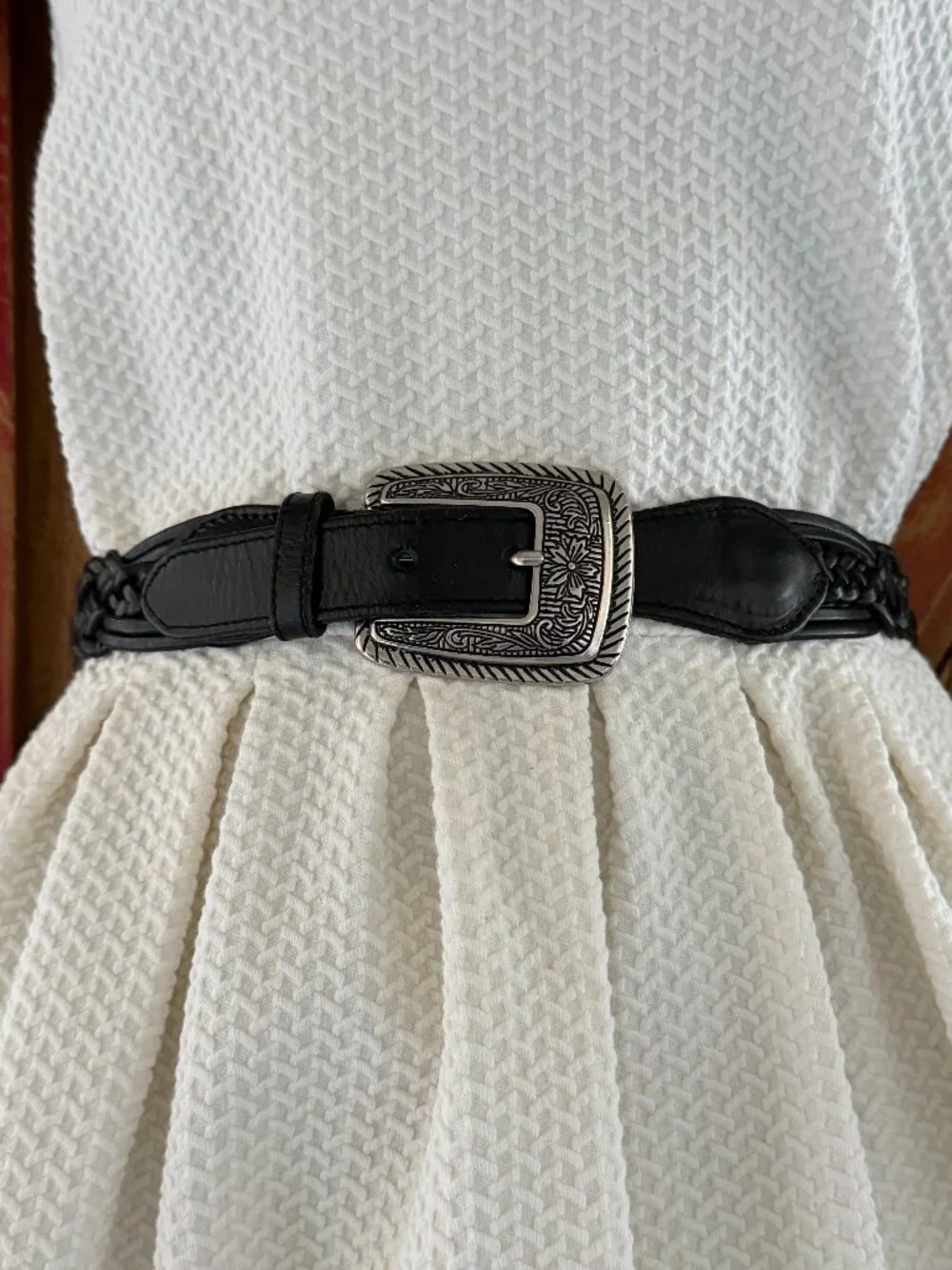 Vintage boho silver medallions genuine leather woven belt Sz S edelweiss